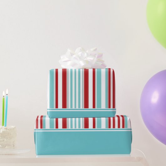 Retro Solid Aqua w / Rood, Wit, Aqua Blue Stripes Cadeaupapier (Feestgeschenken)
