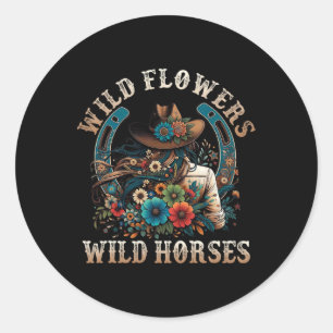Retro Southern Sunset Cowgirl Wilde Bloemen - Wild Ronde Sticker