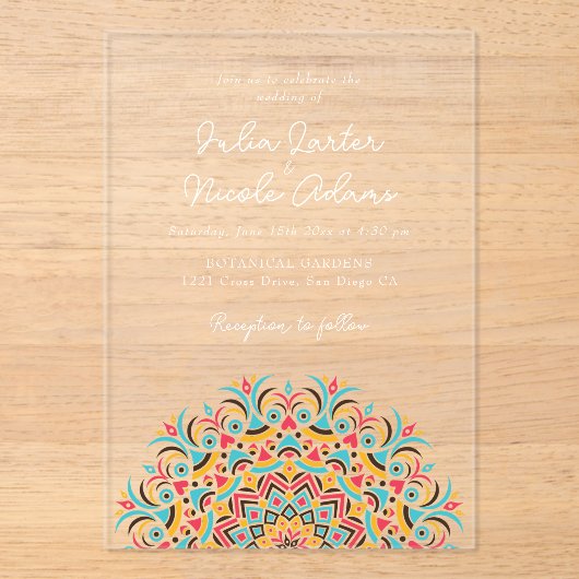 Retro Spaans Abstract Bloemen Mandala Huwelijk Acryl Uitnodigingen (Voorkant)