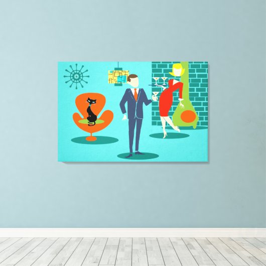 Retro Space Age Cartoon Paar Canvas Print (Insitu (Houten vloer))