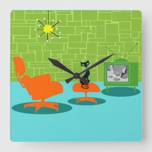 Retro Space Age Kat Acrylwand Vierkante Klok