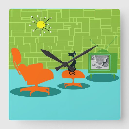 Retro Space Age Kat Acrylwand Vierkante Klok (Voorkant)