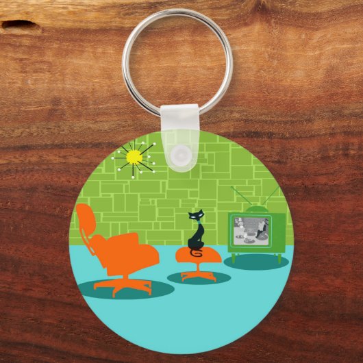 Retro Space Age Kat Button Sleutelhanger (Voorkant)