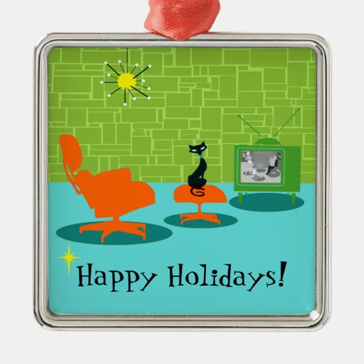 Retro Space Age Kat kerstversiering Metalen Ornament (Voorkant)