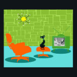 Retro Space Age Kat Poster<br><div class="desc">Er wordt gezegd dat honden eigenaars hebben en dat katten personeel hebben. De partner op dit Retro Space Age Kat Poster kon het niet meer eens zijn! Het stijlvolle, minimalistische kunstontwerp uit de jaren zestig kenmerkt een strakke, zwarte kat in een moderne woonkamer uit de midden eeuw. De verfijnde kamer...</div>