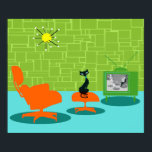 Retro Space Age Kat Poster<br><div class="desc">Er wordt gezegd dat honden eigenaars hebben en dat katten personeel hebben. De partner op dit Retro Space Age Kat Poster kon het niet meer eens zijn! Het stijlvolle, minimalistische kunstontwerp uit de jaren zestig kenmerkt een strakke, zwarte kat in een moderne woonkamer uit de midden eeuw. De verfijnde kamer...</div>