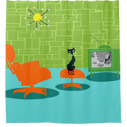 Retro Space Age Kat Showgordijn Douchegordijn (Voorkant)