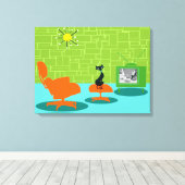 Retro Space Age Kat Uitgerekte Canvas Print (Insitu (Houten vloer))