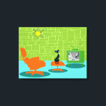 Retro Space Age Kat Uitgerekte Canvas Print<br><div class="desc">Er wordt gezegd dat honden baasjes hebben en katten personeel. De katachtige op deze Retro Space Age Kat Stretched Canvas kon het niet meer eens zijn! Het minimalistische kunstontwerp uit de jaren 60 heeft een strakke, zwarte kat in een moderne woonkamer uit het midden van de eeuw. De verfijnde kamer...</div>