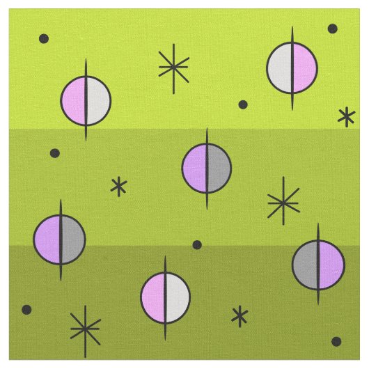 Retro Space Age Planets Stars Chartreuse Stof (Close Up)