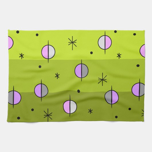 Retro Space Age Planets Stars Chartreuse Theedoek (Horizontaal)