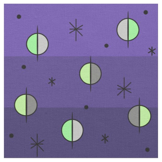 Retro Space Age Planets Stars Indigo Stof (Close Up)
