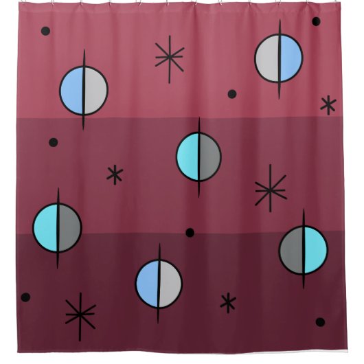 Retro Space Age Planets Stars Maroon Douchegordijn (Voorkant)