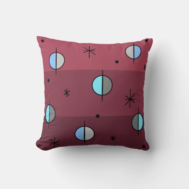 Retro Space Age Planets Stars Maroon Kussen (Voorkant)
