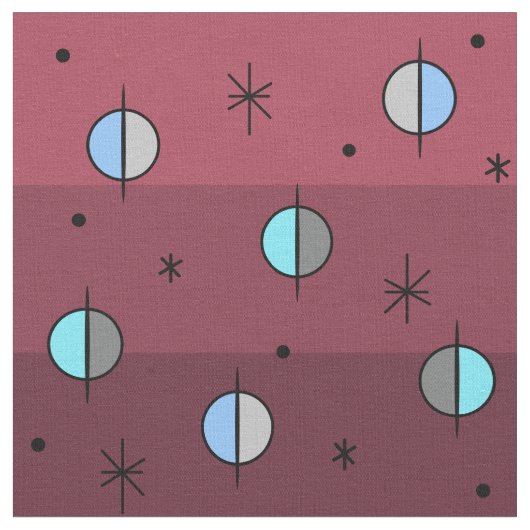Retro Space Age Planets Stars Maroon Stof (Close Up)