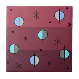 Retro Space Age Planets Stars Maroon Tegeltje