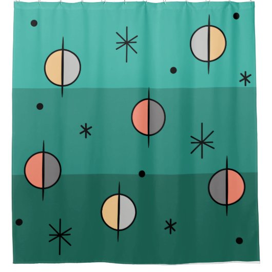 Retro Space Age Planets Stars Turquoise Douchegordijn (Voorkant)
