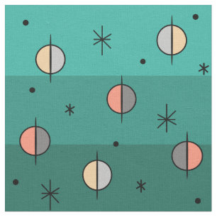 Retro Space Age Planets Stars Turquoise Stof