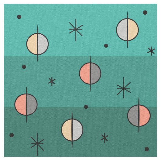 Retro Space Age Planets Stars Turquoise Stof (Close Up)