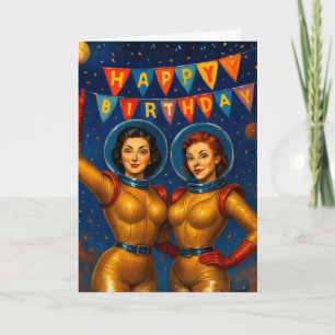 Retro Space Babes Verjaardag Vintage Pin-Up Kaart