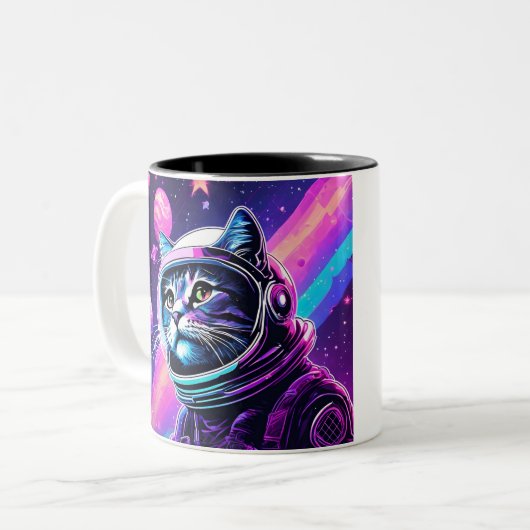 Retro Space Cat Mok – Vaporwave Galaxy Kat Koffie (Voorkant links)