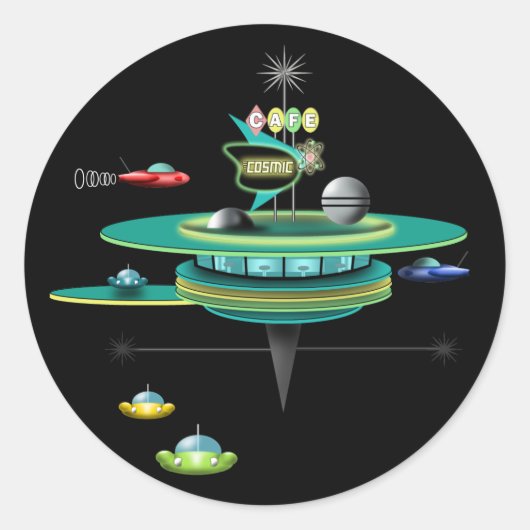 Retro Space Diner Ronde Sticker (Voorkant)