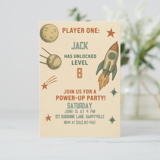 Retro Space Gamer Verjaardag Uitnodiging - Voor Jo (Staand voorkant)