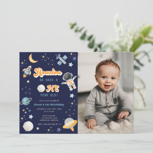 Retro Space Houston We hebben een 1 jaar oude verj Kaart (Staand voorkant)