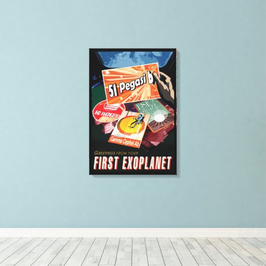 Retro Space Poster-Exoplanet Discovery 51 Pegasi B Canvas Afdruk (Insitu (Houten vloer))