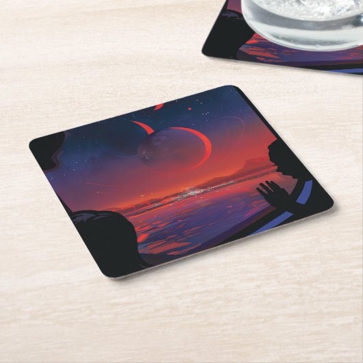 Retro Space Poster - Kijkers observeren trappist-1 Kartonnen Onderzetters (Schuin)