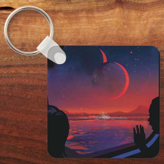 Retro Space Poster - Kijkers observeren trappist-1 Sleutelhanger (Voorkant)