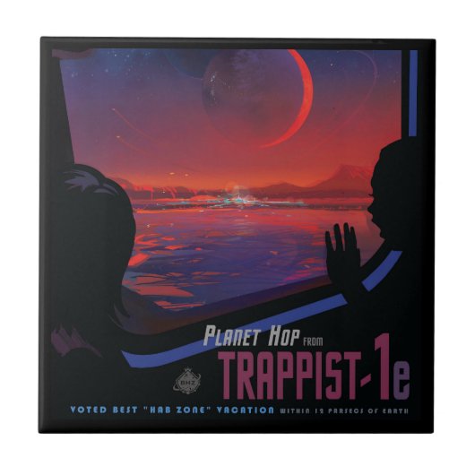 Retro Space Poster - Kijkers observeren trappist-1 Tegeltje (Voorkant)