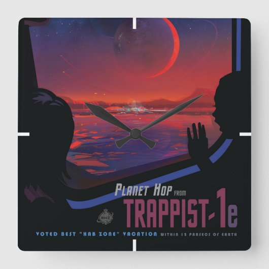 Retro Space Poster - Kijkers observeren trappist-1 Vierkante Klok (Voorkant)