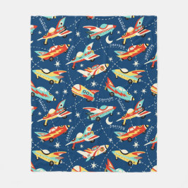 Retro Space Rocket Cars Blue - Aangepaste naam Fleece Deken