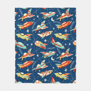 Retro Space Rocket Cars Blue - Aangepaste naam Fleece Deken