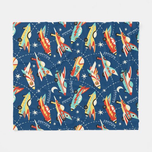 Retro Space Rocket Cars Blue - Aangepaste naam Fleece Deken (Voorkant (Horizontaal))