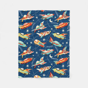 Retro Space Rocket Cars Blue - Aangepaste naam Fleece Deken