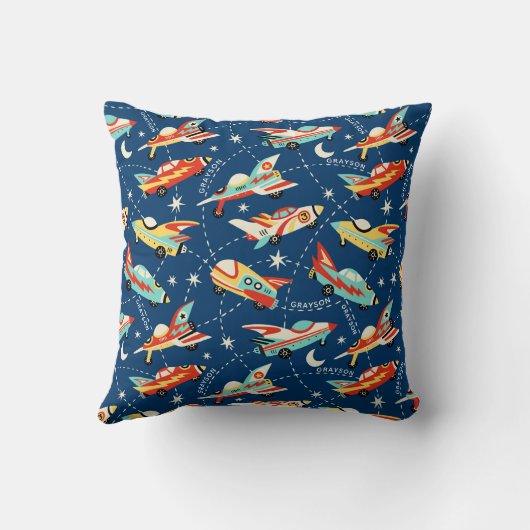 Retro Space Rocket Cars Blue - Aangepaste naam Kussen (Achterkant)