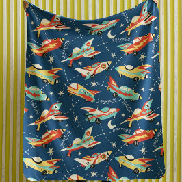 Retro Space Rocket Cars Blue - Aangepaste naam Sherpa Deken