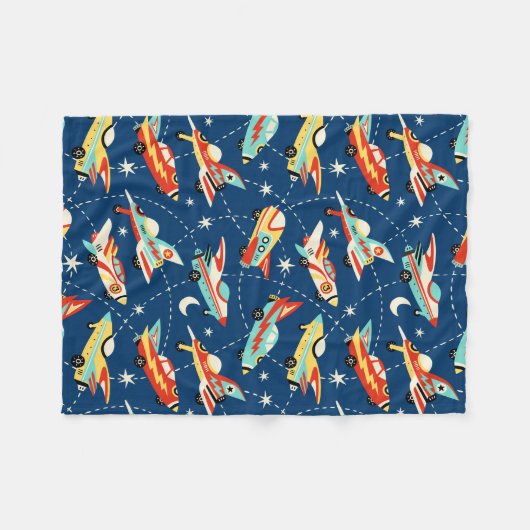 Retro Space Rocket Cars Blue Cute Kinder Pattern Fleece Deken (Voorkant (Horizontaal))