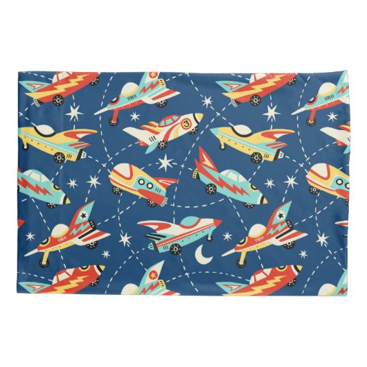 Retro Space Rocket Cars Blue Cute Kinder Pattern Kussensloop (Achterkant)
