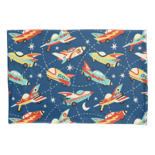 Retro Space Rocket Cars Blue Cute Kinder Pattern Kussensloop