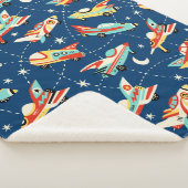 Retro Space Rocket Cars Blue Cute Kinder Pattern Sherpa Deken (3/4)