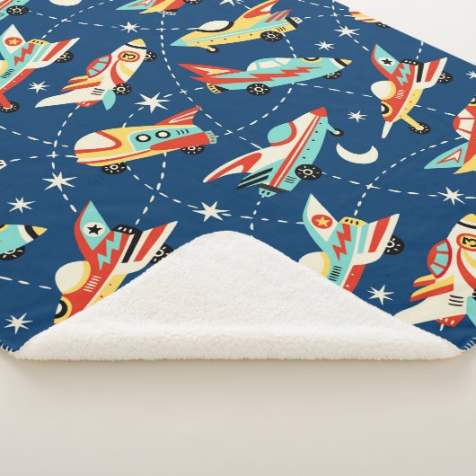 Retro Space Rocket Cars Blue Cute Kinder Pattern Sherpa Deken (3/4)