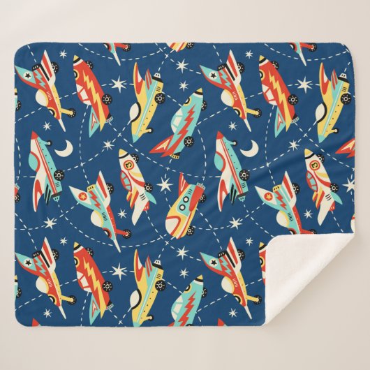 Retro Space Rocket Cars Blue Cute Kinder Pattern Sherpa Deken (Voorkant (horizontaal))