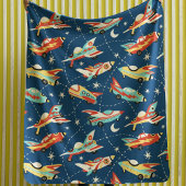 Retro Space Rocket Cars Blue Cute Kinder Pattern Sherpa Deken