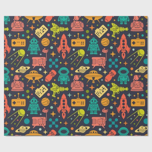 Retro Space Rocket Patroon Cadeaupapier (Vlak)
