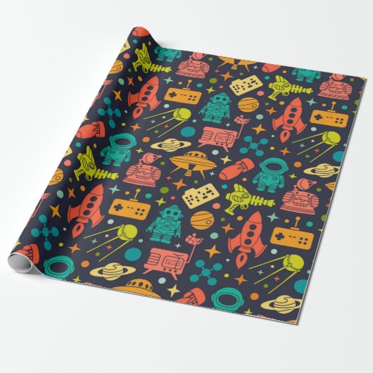 Retro Space Rocket Patroon Cadeaupapier (Uitgerold)