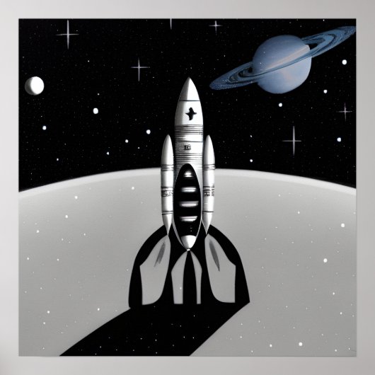 Retro Space Rocket & Saturn Poster (Voorkant)