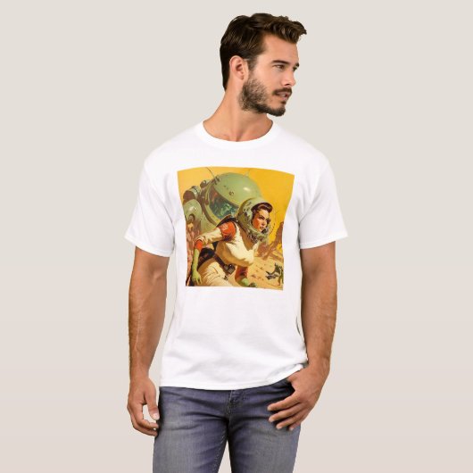 Retro Space Scene Mannen Basic T-Shirt (Voorkant volledig)